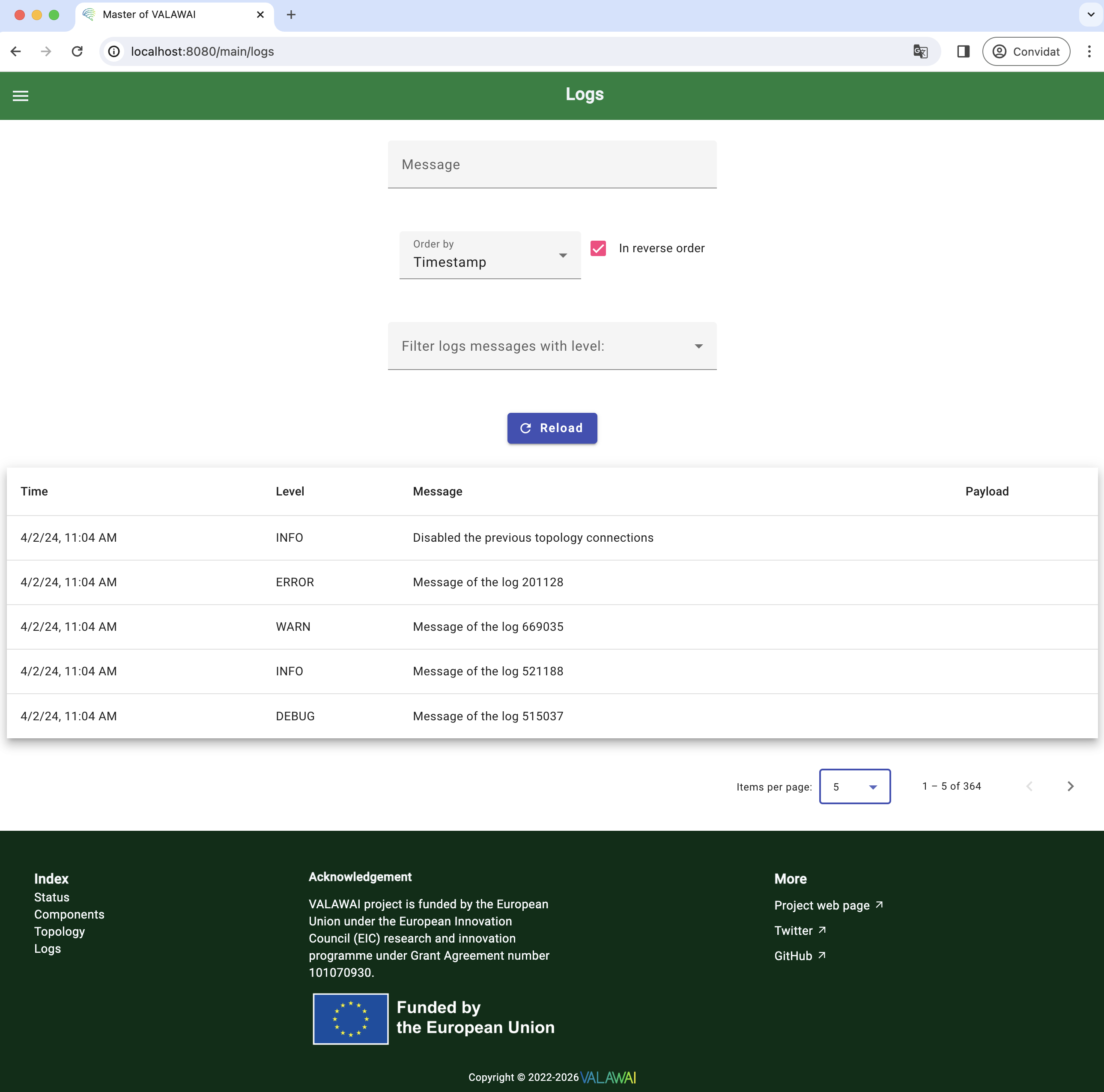Screen shot of the logs view